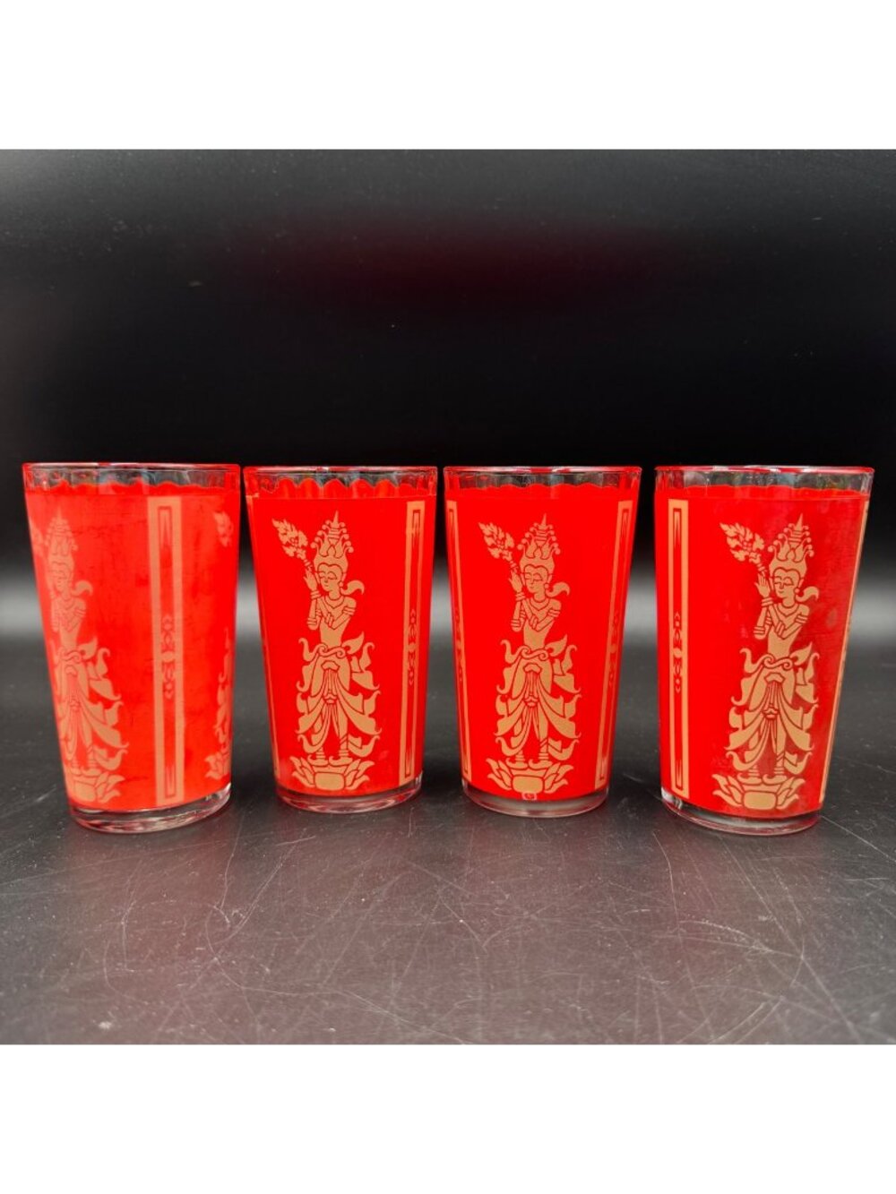 Culver Thai Goddess Highball Glasses Red Set Of 4 Vintage Art Deco Barware
